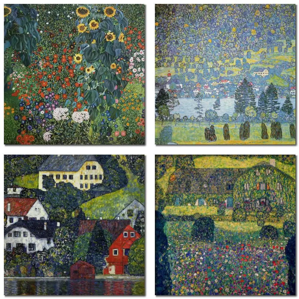 Landschaftskunstwerk Gustav Klimt Leinwandkunst Handgemaltes Ölgemälde Bauernhof-Garten mit Sonnenblumen Moderne Esszimmerdekoration Großes Geschenk