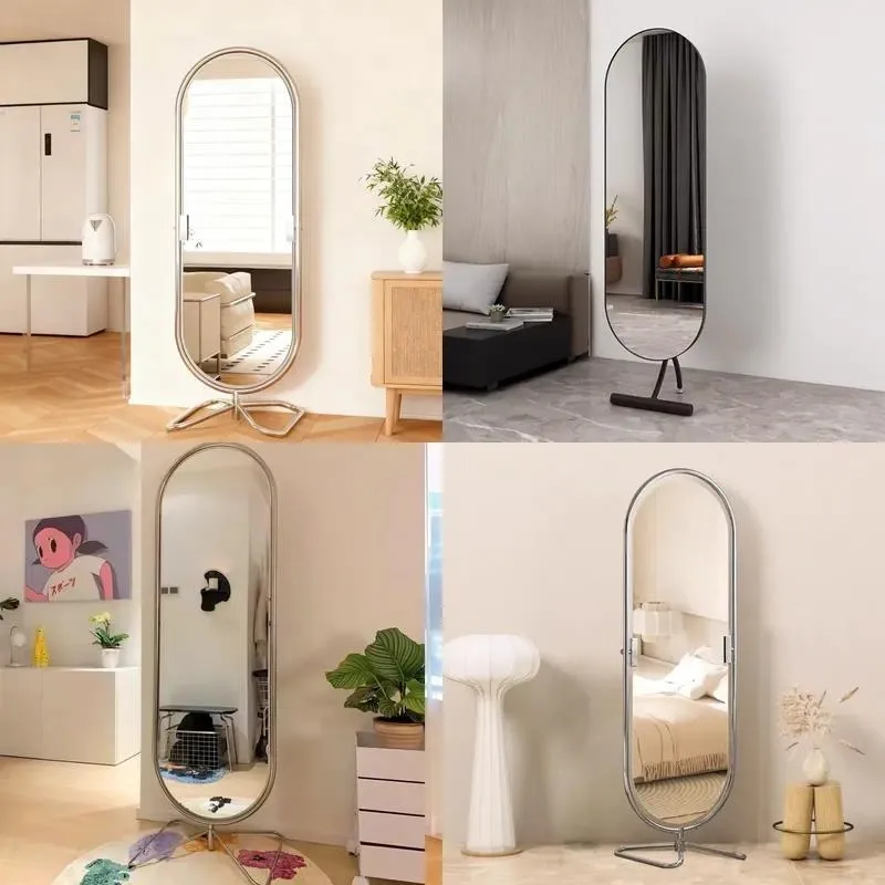 Modern Stainless Steel Magazine Rack with Full Body Mirror Movable Storage Unit Floor Standing Mirror Organizer for Living