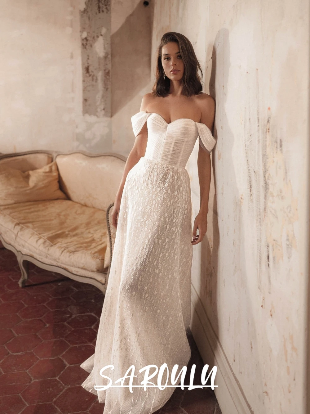 

SAROULU Gorgeous A Line Sweetheart Bodice Wedding Dress Classy Textured Tulle Dreamy Off Shoulder Customized Beautiful Wear