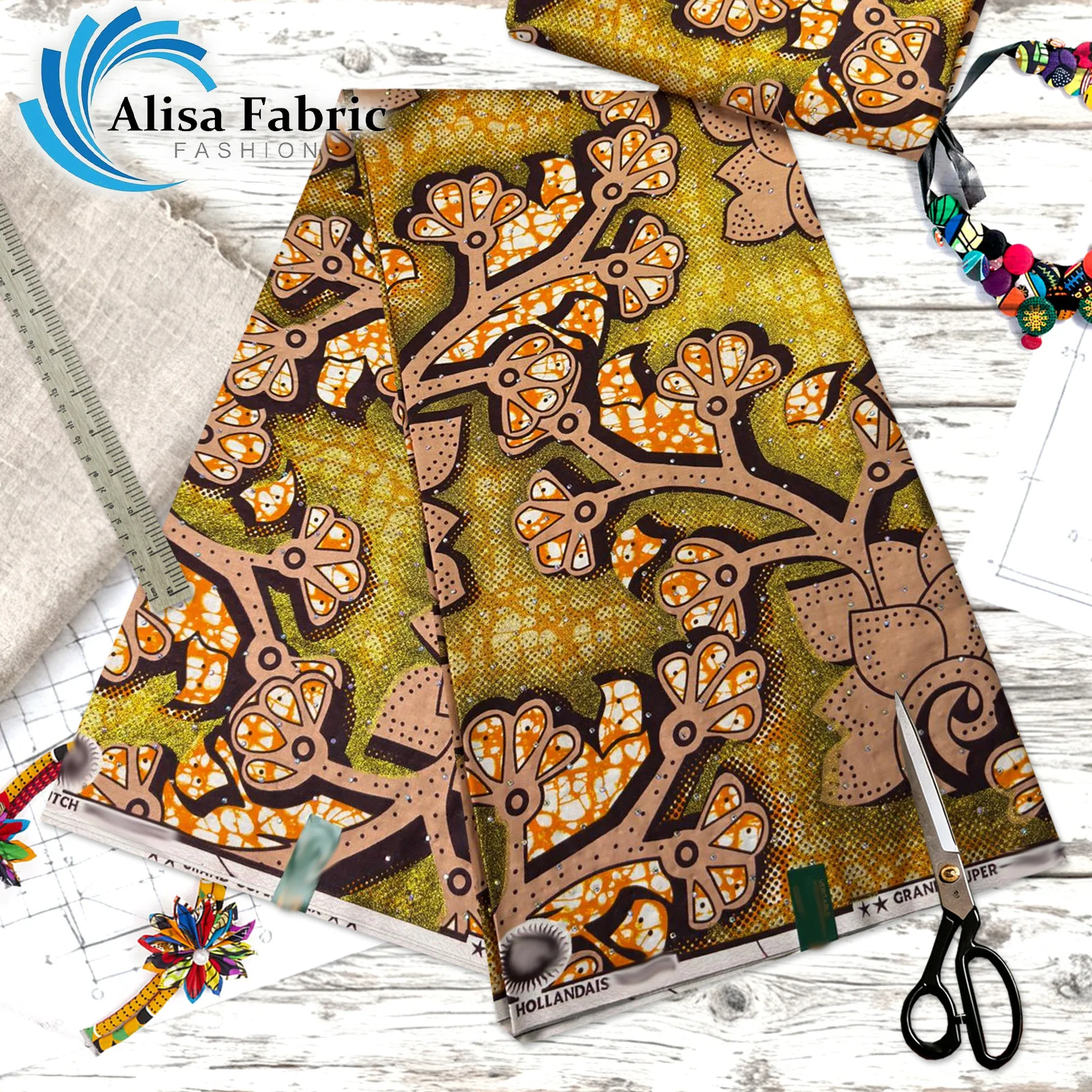 

New arrivals Hot drilling grand super African wax fabric with stones 100% cotton 6 yards for African wax styles dresses, Gold