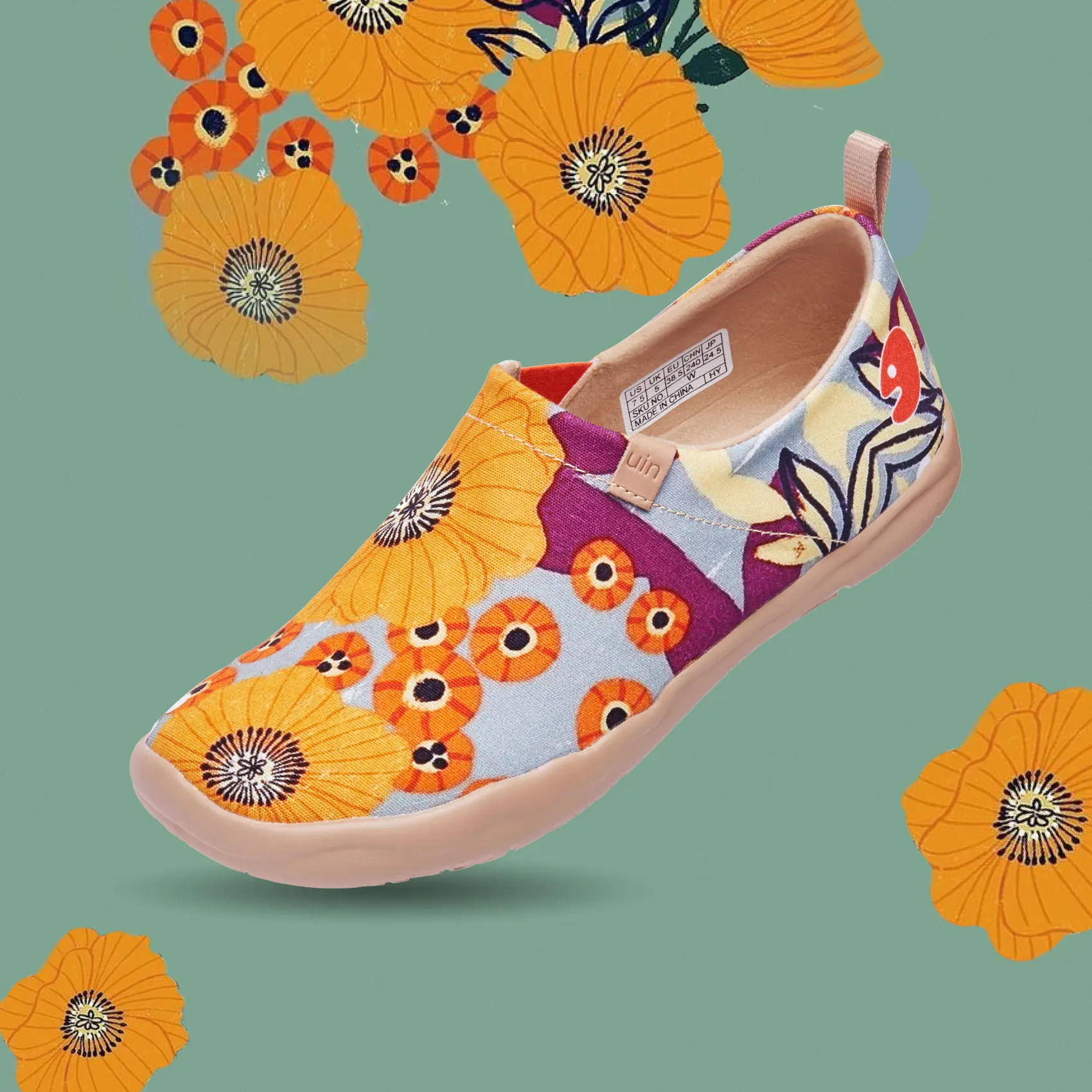 UIN Women's Lightweight Slip Ons Sneakers Walking Flats Casual Flower Art Painted Travel Shoes Marigolds