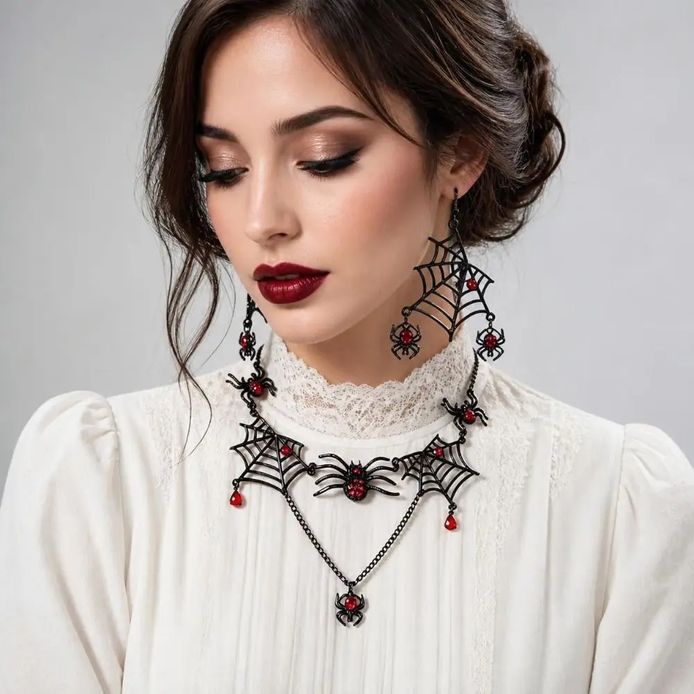Rhinestone Halloween Spider Necklace Black-Toned Zinc Alloy Gothic Jewelry Set Eye-Catching Ornate Earring Necklace Set