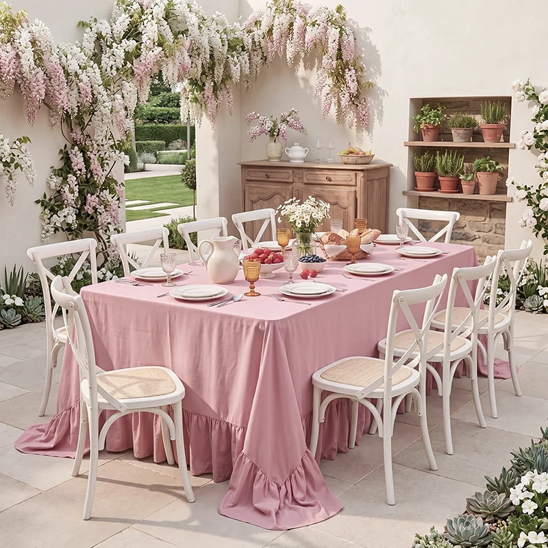 Farmhouse Solid Color Ruffled Tablecloths Rectangle Vintage Edge Flounces Trim Cover for Kitchen Dining Wedding Party Xmas Decor