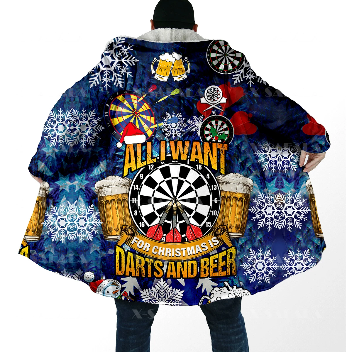 Darts Lover Gift Sports Skull Overcoat Coat 3D Printed Thick Warm Hooded Cloak for Men Windproof Fleece Unisex Casual-55