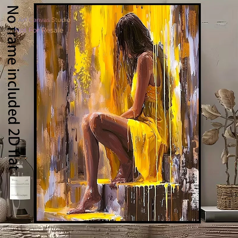 2D Flat, 1pc Modern Abstract Woman in Yellow Light & Shadow Vertical Frameless Canvas Painting - Minimalist Female Figure Sui