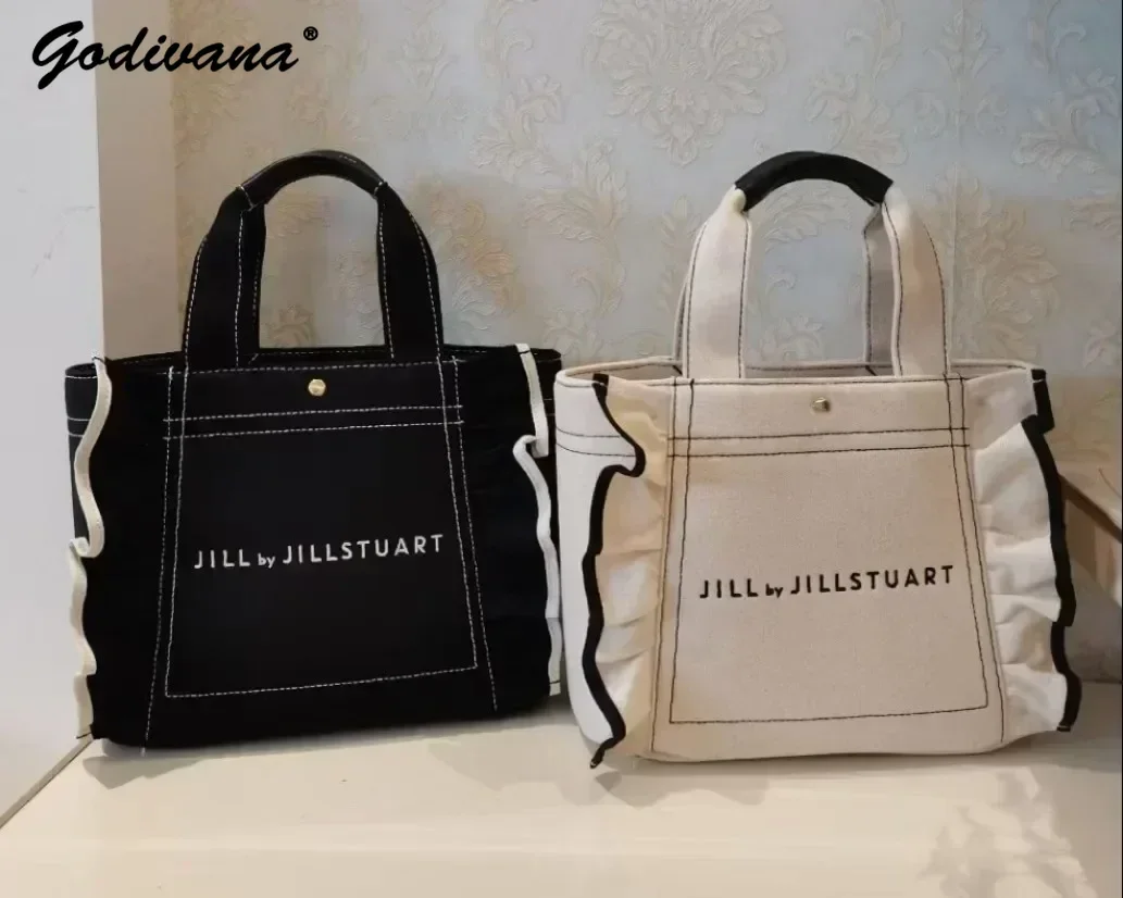 Bolso japonés con volantes y letras bordadas para niñas, bolso de mano de lona portátil con cuentas de diamantes de imitación para mujer, bolsos de