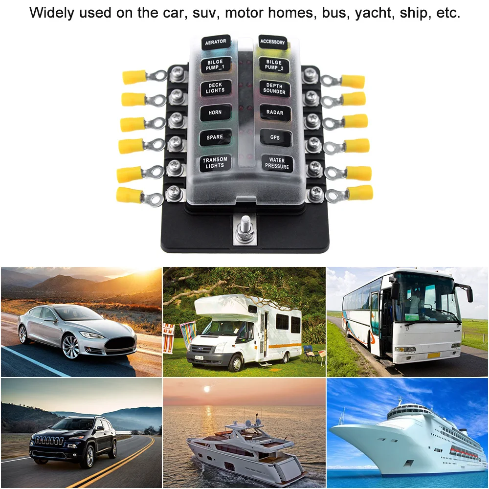 

12 Way Blade Fuse Box Holder Fuse Blocks with Red LED Indicator 10Pcs Fuses 10Pcs Terminals for Car Boat Marine Caravan