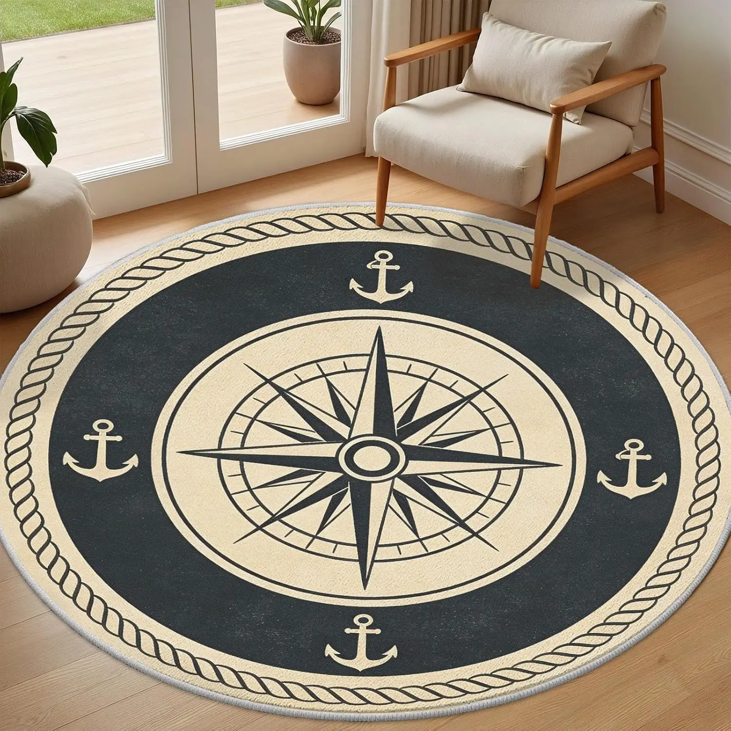 Round Compass Rose Nautical Rug Mat Foam Cushion Floor Carpet Entrance Hallway Decor Marine Decor Coastal Seafarer Gift Boho Hom