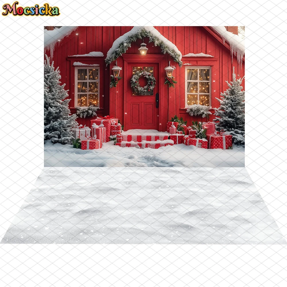 Mocsicka Red Christmas House Background Photography Winter Snow Tree New Year Party Decoration Adult Child Photo Backdrop Banner - Image 3