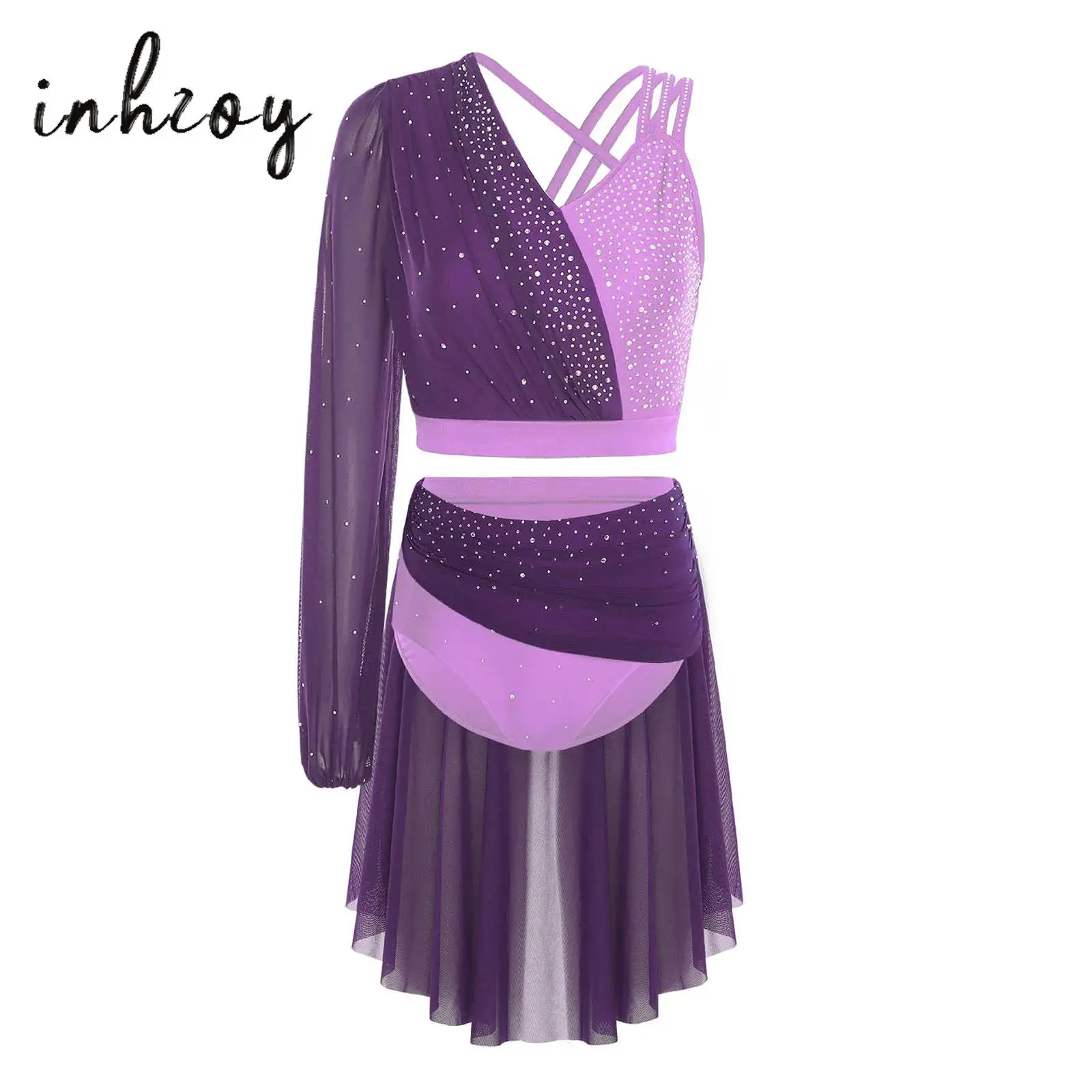 

Lyrical Jazz Dance Costume Womens Rhinestone Single Sleeve Backless Crop Top with Mesh Skirt Briefs Outfit for Dance Performance