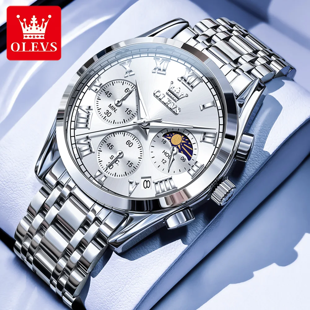 

Olevs 2871, мужские кварцевые часы с фазой Луны, циферблат, автоматическая дата, водостойкий светящийся ремешок из нержавеющей стали для мужчин, роскошные наручные часы
