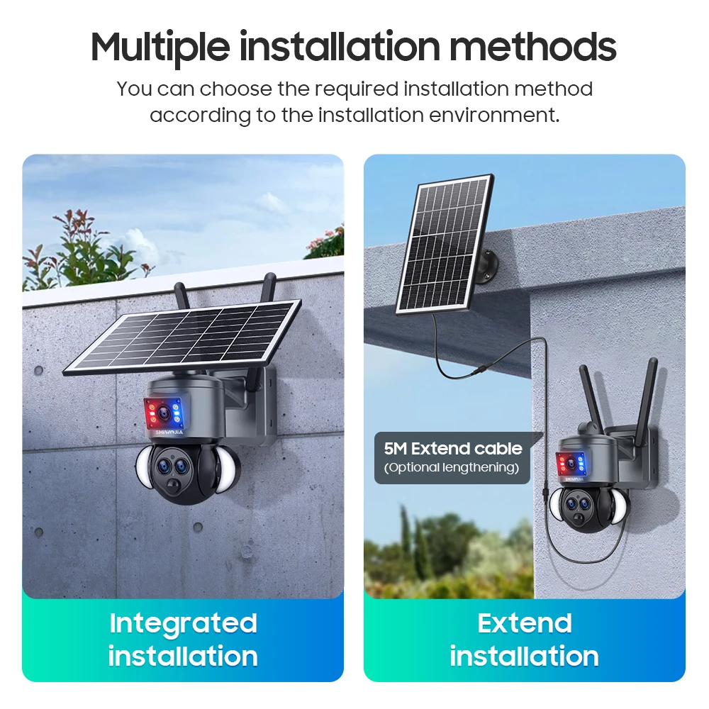 SHIWOJIA Solar Camera 4G SIM 12MP 15X Zoom Security Outdoor 3Lens Dual Screen Recording Humanoid Tracking Color Night Vision