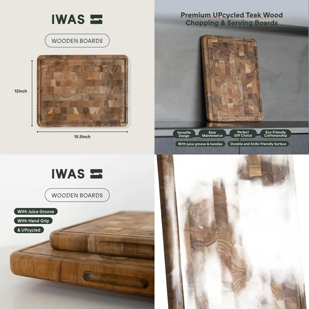 

Large Upcycled Teak Wood Chopping Board with Juice Grooves and Handle | Sustainable Kitchen Cutting Surface