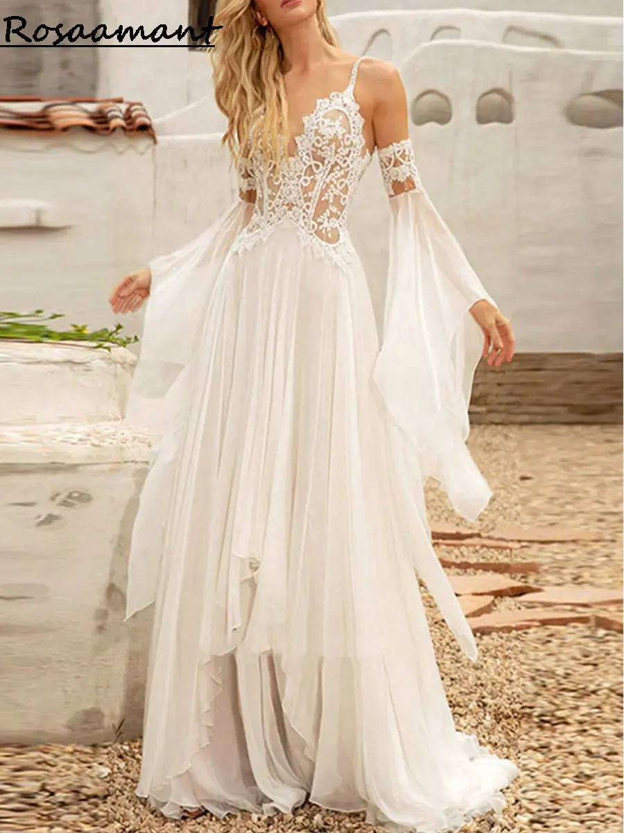 

Bohemian Spaghetti Straps Detachable Sleeve A-Line Wedding Dresses Appliques Lace Ruffles Country Bridals Gowns
