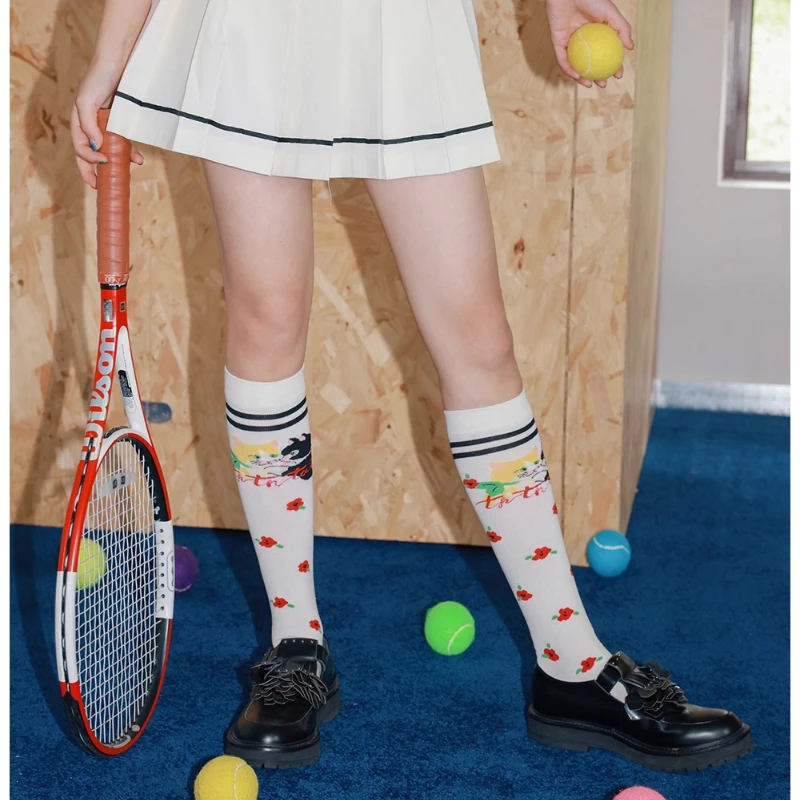 Japanese Design White Cute Animal Floral Women's Calf Socks Autumn New Sports Playful Versatile Cute Mid-Calf Hosiery Ladies