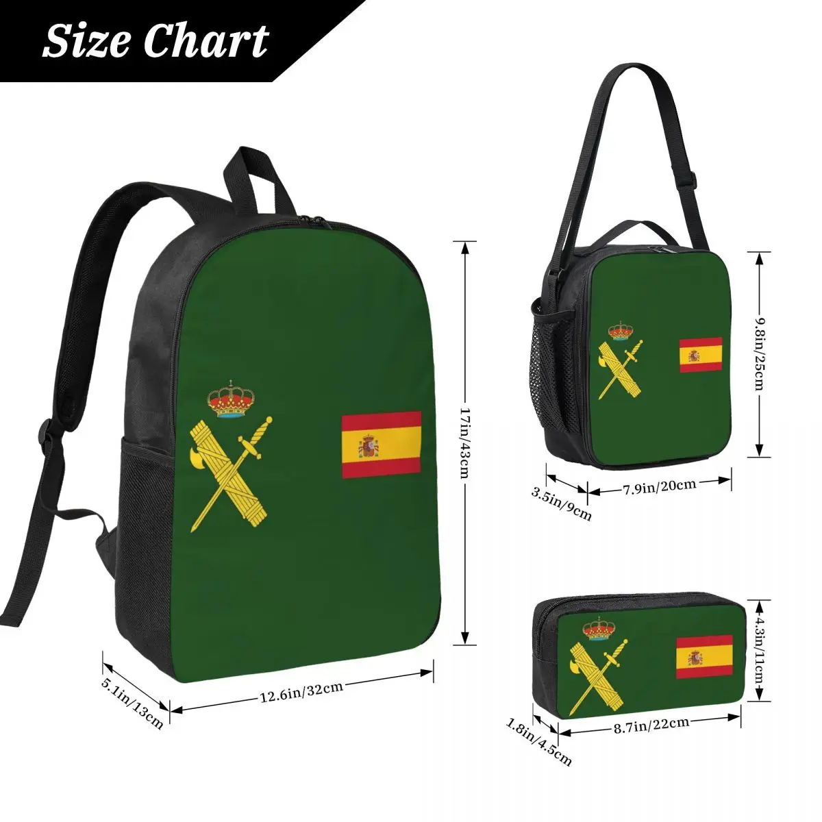 Spain Flag Plus Emblem Civil Guard Backpack Student BookBag School Bag Laptop Shoulder Bags 3ps Insulated Lunch Bag Pencil Case