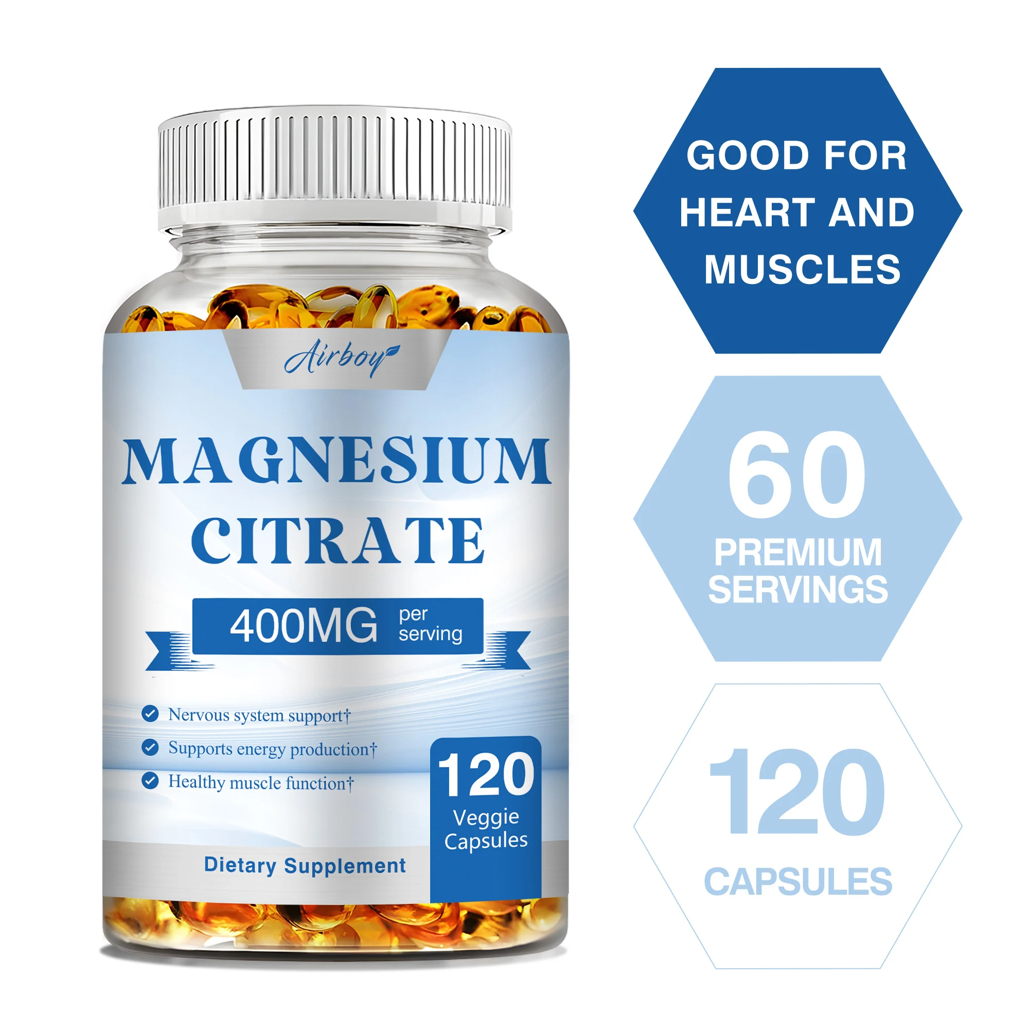 

Magnesium Citrate Capsules - Reduce Stress, Improves Sleep Quality, Skin Beauty, Promotes Muscle, Gut and Heart Health, Non-GMO