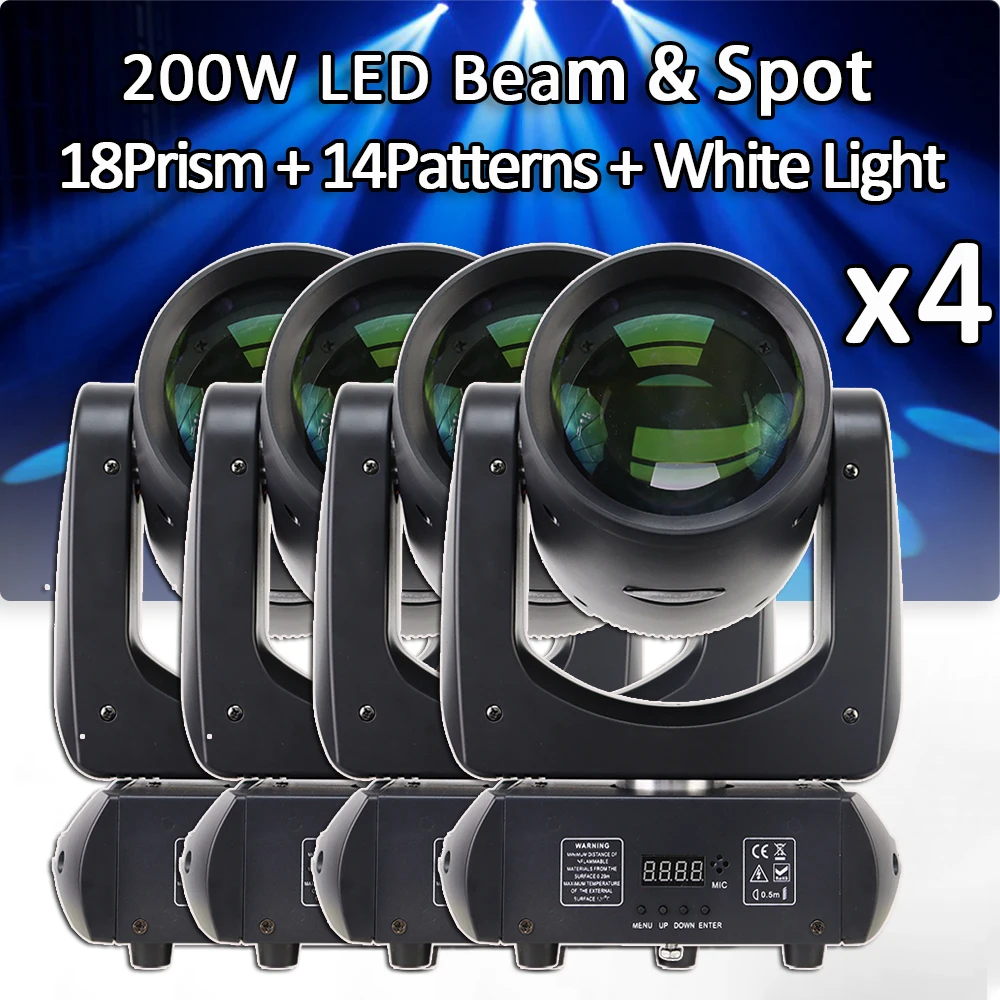 4PCS 200W LED Moving Head With Ring 18 Rotating Prisms Gobo Spot Light Hexagonal Prism Spotlight For DJ Disco Party Wedding Bar