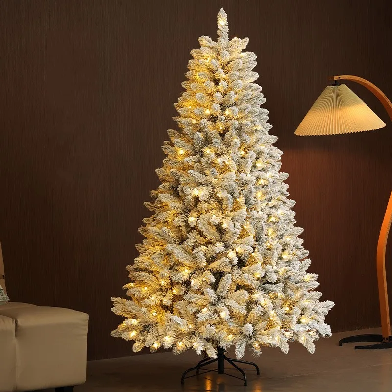 Pre-Lit Snow Flocked Christmas Tree, Hinged Artificial Xmas Tree with Stand, Many Branch Tips, Warm White LED Lights