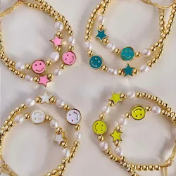 KKBEAD Freshwater Pearls Bracelets Y2k Accessories Gold Plated Beads Bracelet for Women Colorful Smiley Star Charm Pulseras