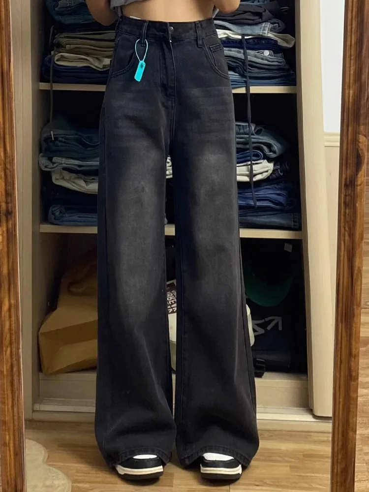 Fce اصطف فضفاض مستقيم الساق الجينز المرأة حجم كبير الخريف الشتاء التخسيس بنطال ذو قصة أرجل واسعة بنطلون طويل عالية الخصر الدنيم #1