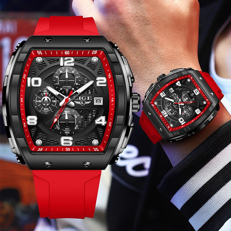 LIGE Fashion Red Silicone Watch Men Outdoor Sports Waterproof Men's Quartz Wristwatch Top Brand Luxury Square Quartz Chronograph