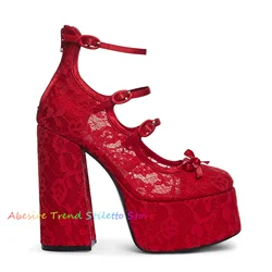 Red Mesh Lace Chunky Heel Sandals Women Round Toe Platform Butterfly Knot Embellishment Buckle Strapied Elegant Party Shoes