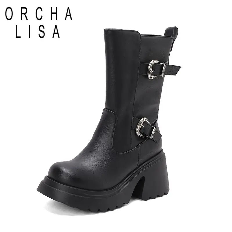 

ORCHA LISA 2025 Ретро повседневные женские ботинки до середины икры с круглым носком и блочным каблуком, платформа 8 см, 3,5 см, молния, металлический декор, большой размер 44 45