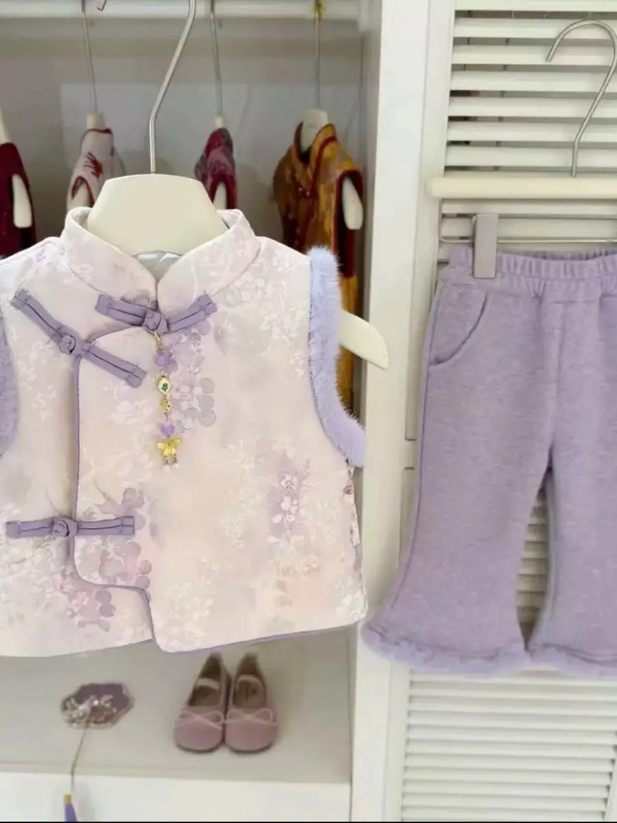 

Новый китайский детский костюм для девочек: жилет и брюки, зимний модный комплект одежды для девочек