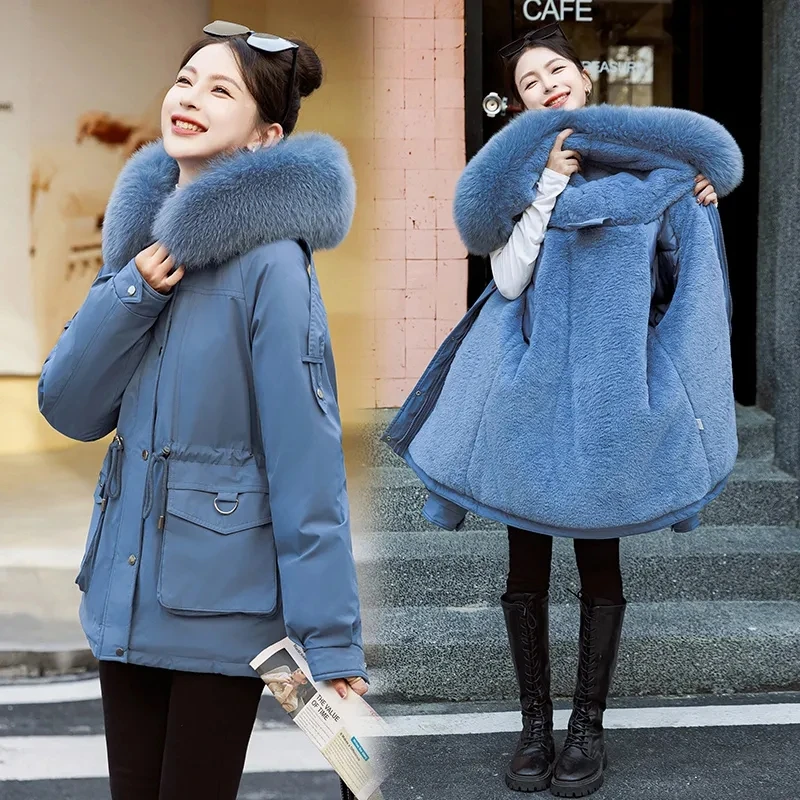 

Ladies' Warm Parkas Jacket 2025 Winter New Female Fleece Lined Drawstring Padded Coat Women's Loose Big fur collar Overcoat