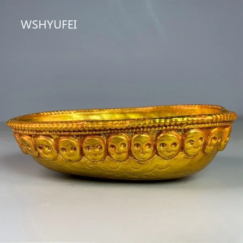 Gold Plated Offering Bowl with Relief Cherub Motif Design Buddhist Altar Water Bowl for Home Temple and Blessing Decor