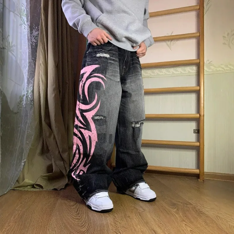 KIDWHXR Man Trousers High Street Printed High Waist Male Denim Pant Hip Hop Punk Loose Washed Casual Men Straight-leg Pant