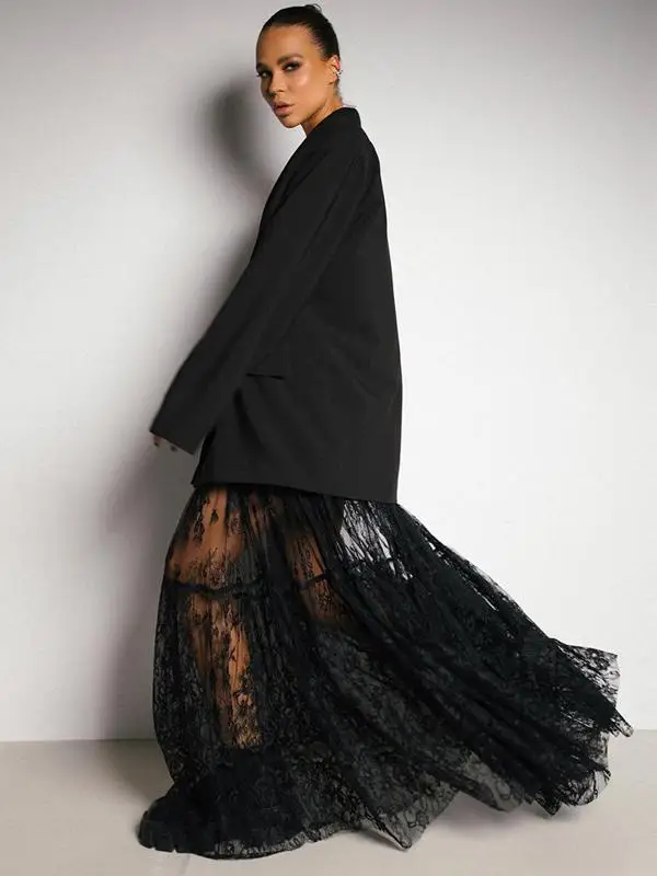 

Черная кружевная прозрачная юбка с завышенной талией, женская длинная юбка А-силуэта с пышным подолом, модная всесезонная модель в уличном стиле