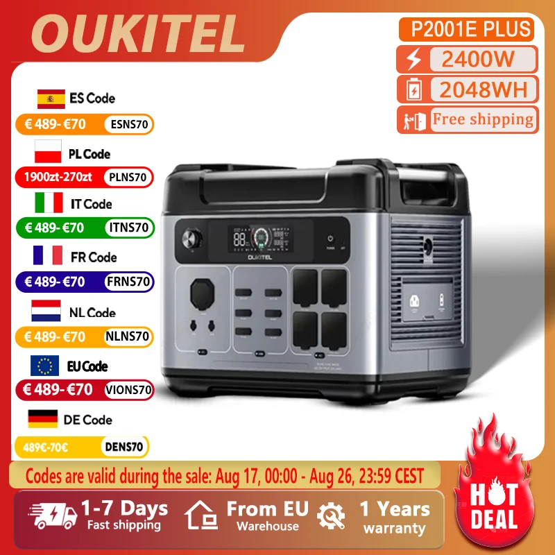 OUKITEL P2001E PLUS 2400W Portable Power 2048Wh Lifepo4 Battery Station Solar Generator Home Backup, Outdoor Camping Mobile Power