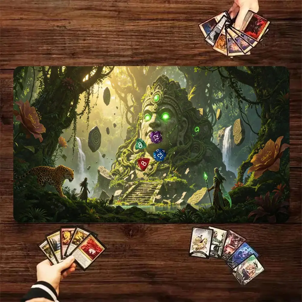 60X35cm Ancient Jungle Giant Stone Statue Play mat Large Table Mat with Stitched Edge Non-Slip Rubber Desk Pad for Card Gaming