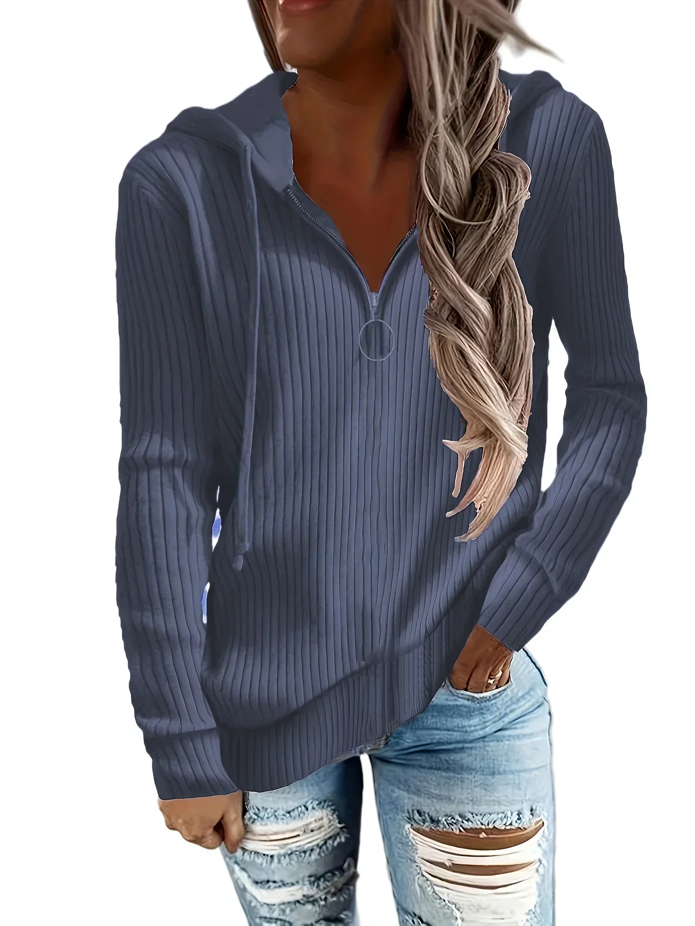 

Hoodies Women Autumn and Winter New Solid Color Casual Sweater Loose Zipper Cardigan Long Sleeve Hooded Knit Womens Tops