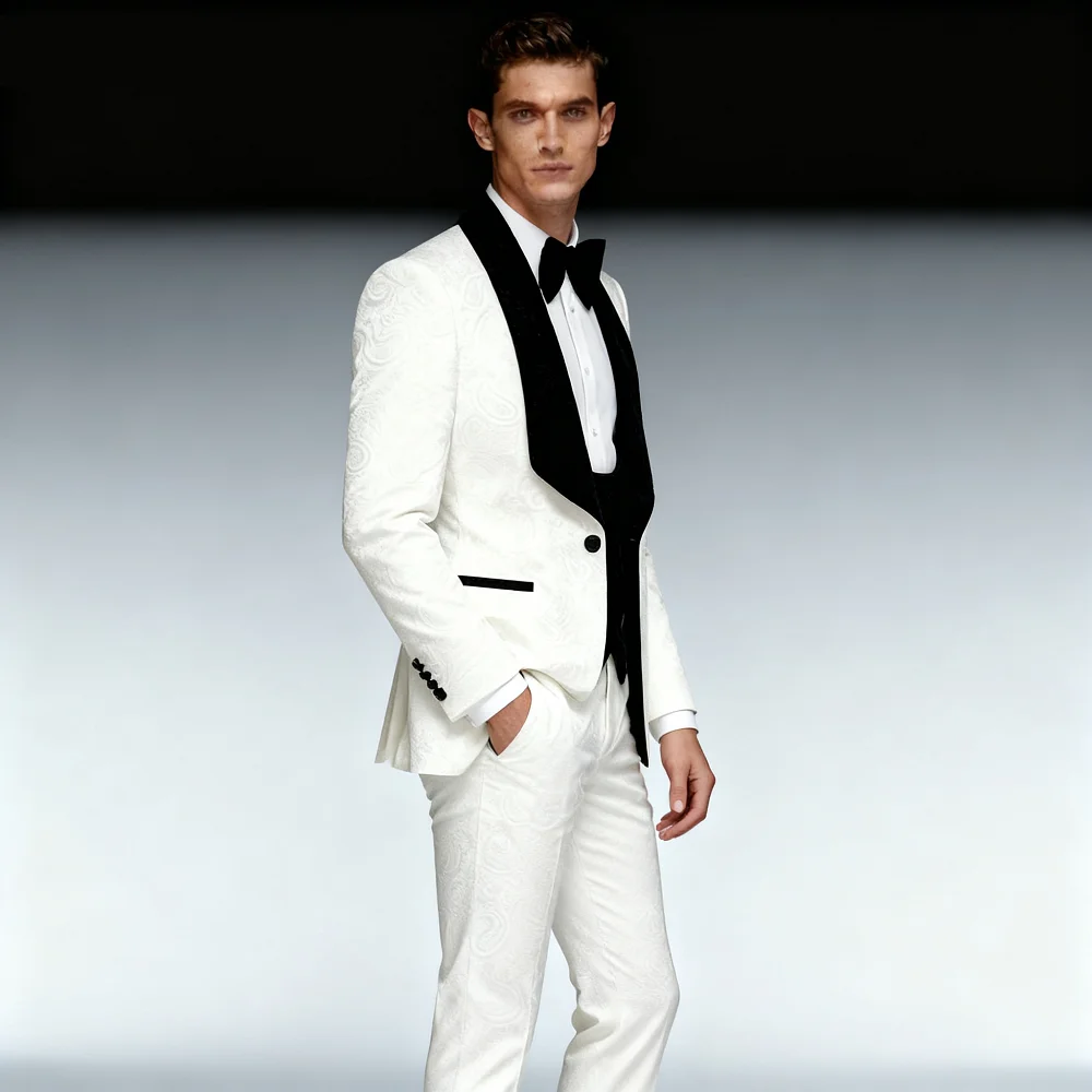 

Men's Slim Fit Tuxedo Shiny Velvet Shawl Collar 3 Piece Suit Party Jacket Vest Pants & Bow Tie Set
