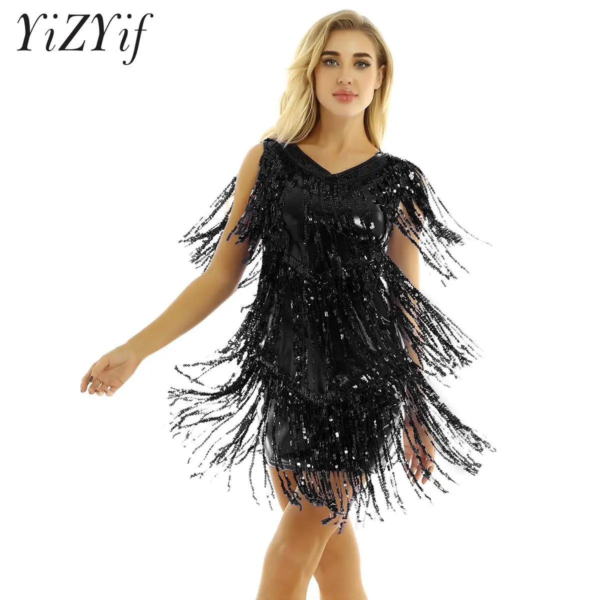 

Women Flowy Tassel Sequins Latin Dance Dress Rumba Samba Salsa Cha Cha Ballroom Dancewear Professional Competition Costume