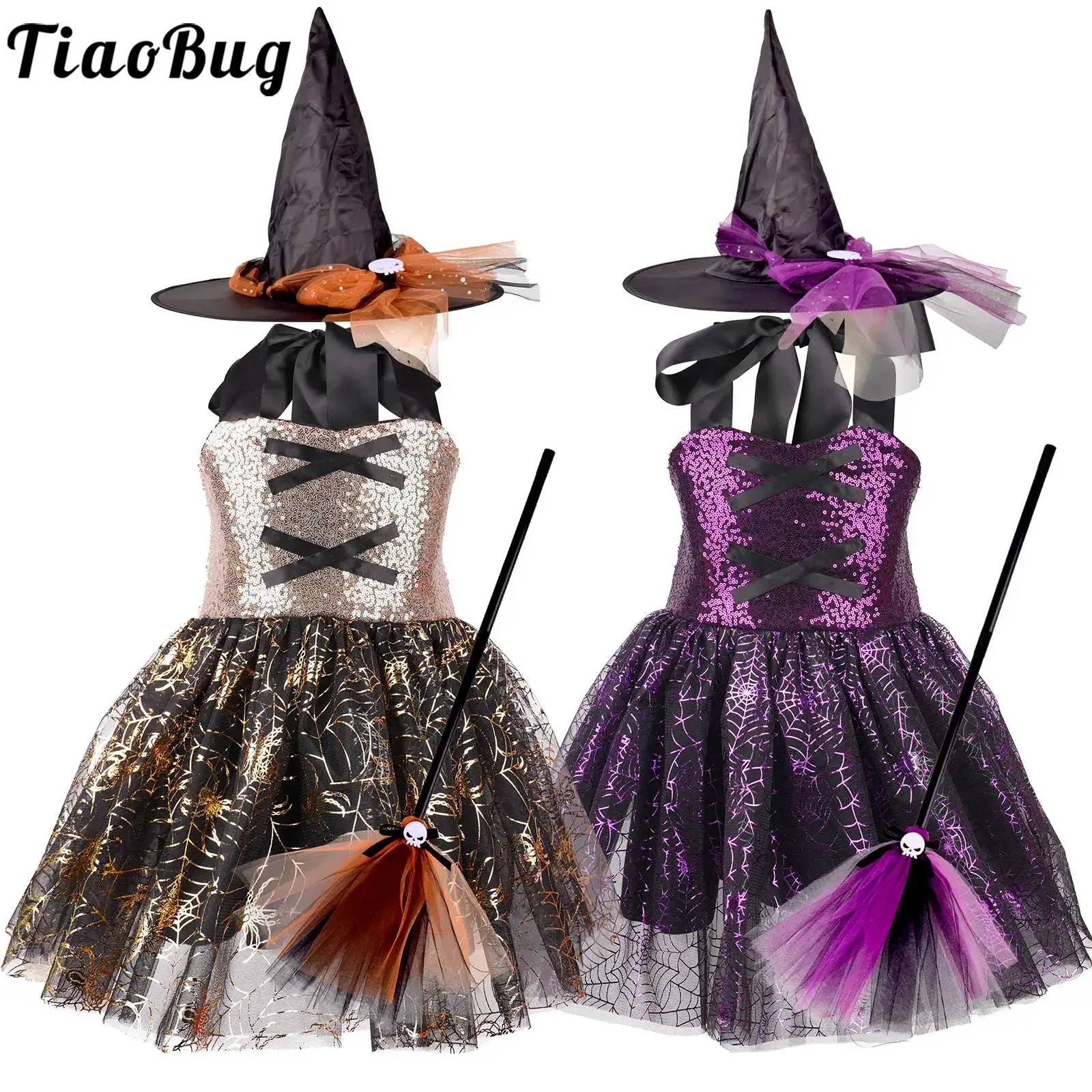 

Girls Witch Cosplay Clothing Set Halter Shiny Sequin Print Puffy Dress with Witch Hat Broom for Halloween Carnival Cosplay Party