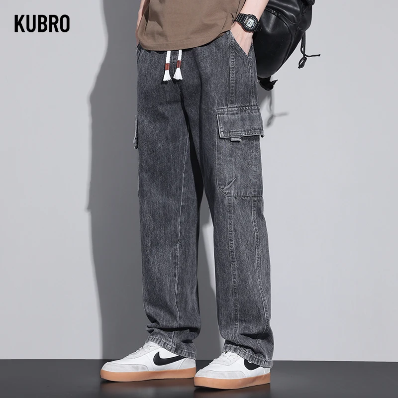 KUBRO American Casual Cargo Pants 2024 Spring Summer Fashion Street Youth Loose Jeans Men Elastic Waist Straight Denim Trousers