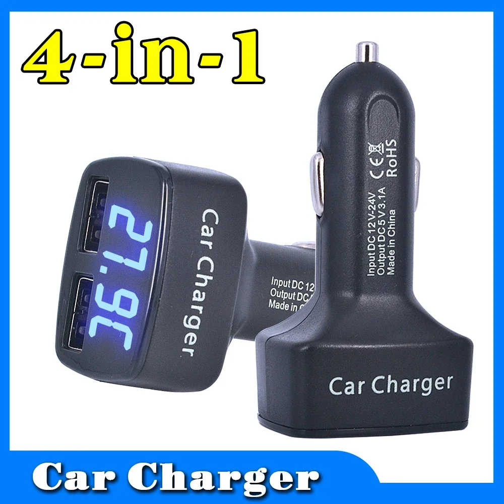 4 in 1 Car Charger 3.1A Dual USB Power Adapter With Temperature/voltage/current Meter Tester Adapter LED Display 12V-24V