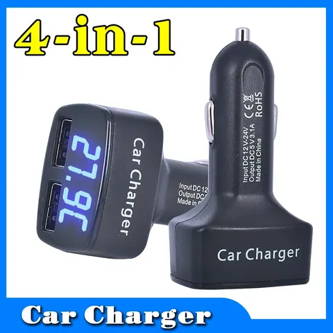 4 in 1 차량용 충전기 3.1A 온도/전압/전류 측정기 테스터 어댑터가 있는 듀얼 USB 전원 어댑터 LED 디스플레이 12V-24V