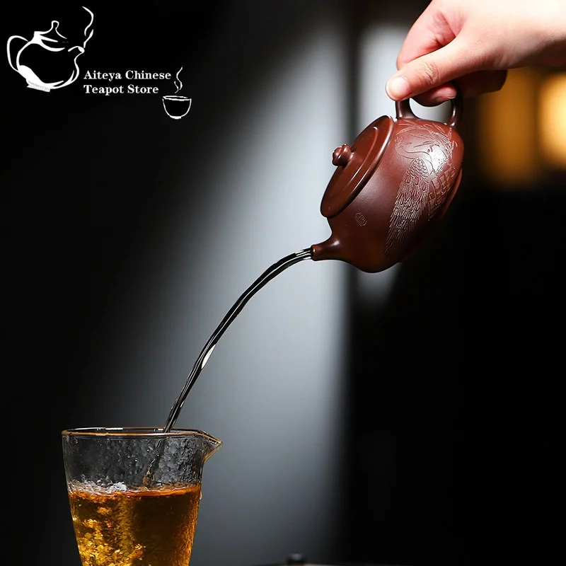 Juego de té Kung Fu, tetera de arcilla púrpura hecha a mano Yixing, bermellón morado, cucharón de piedra, tetera china, 200ml