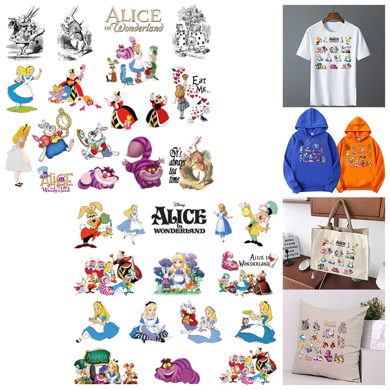 Disney anime Alice nel paese delle meraviglie stampa di cartoni animati, ferro sui trasferimenti per toppe di abbigliamento, adatto per felpa con