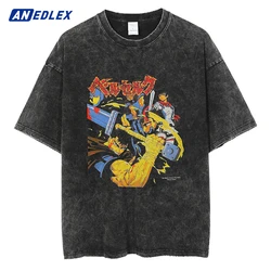 Men Washed T-Shirt Anime Graphic Tshirt Harajuku Streetwear Cotton Casual Tops Summer Short Sleeve Loose Casual Tees Black