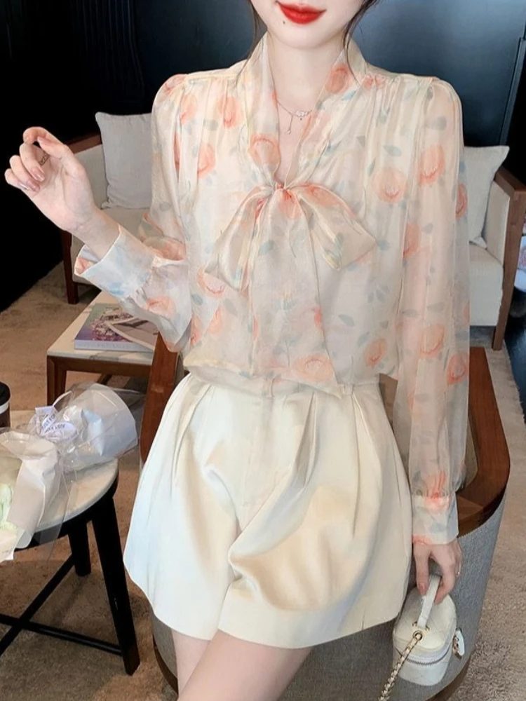 

Женская шифоновая блузка с бантом, весна 2026, с длинным рукавом, приталенная, универсальная, топ-рубашка