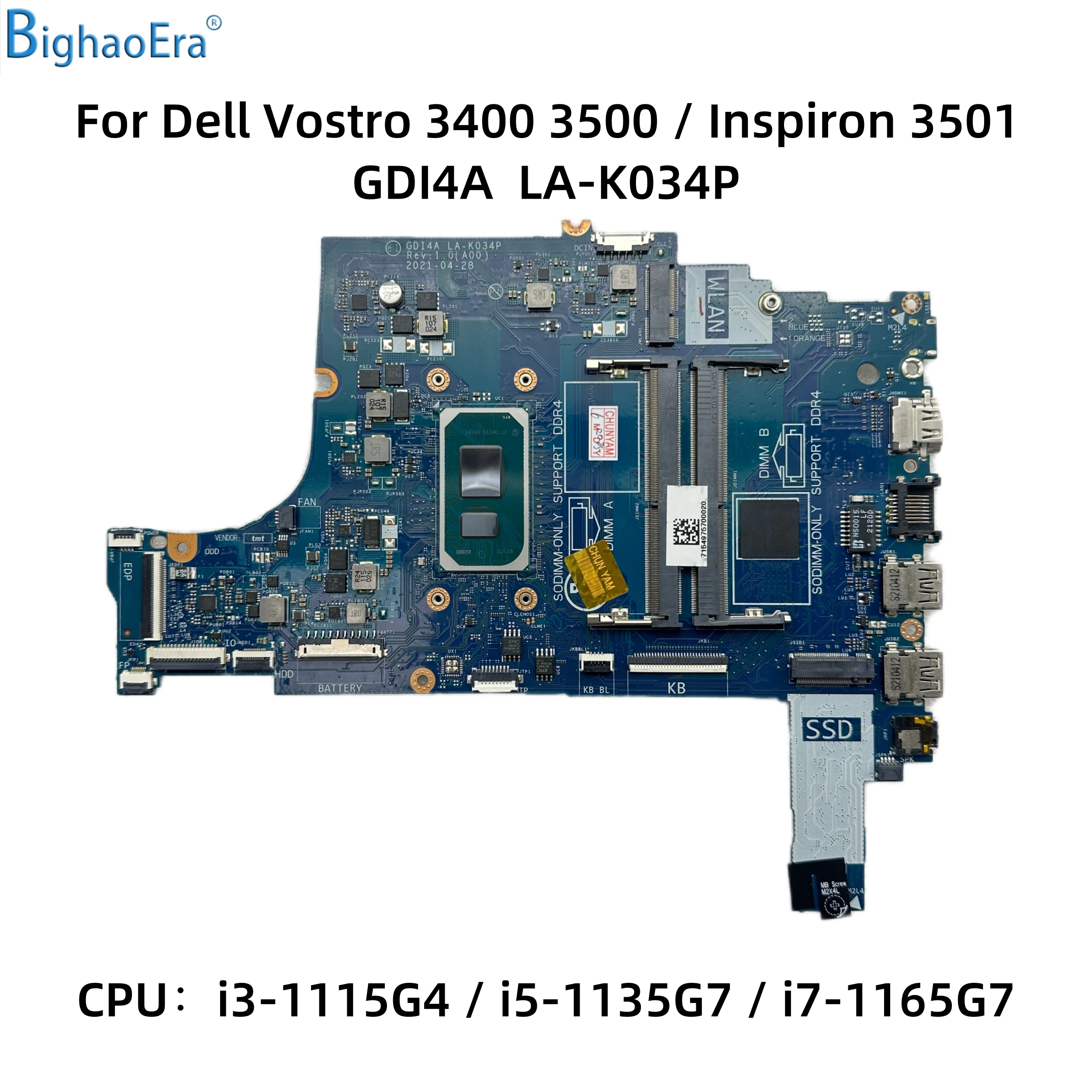 Para Dell Vostro 3400 3500 Inspiron 3501 placa base para ordenador portátil GDI4A LA-K034P con i3-1115G4 i5-1135G7 i7-1165G7 CPU DDR4 100% trabajo
