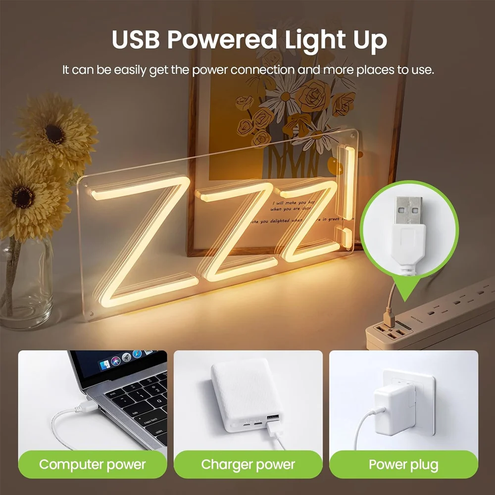 Sinal de néon USB para quarto, Decoração de parede branca quente, Sleep ZZZ Light Up, Sinal de néon LED para sala de estar, 5V