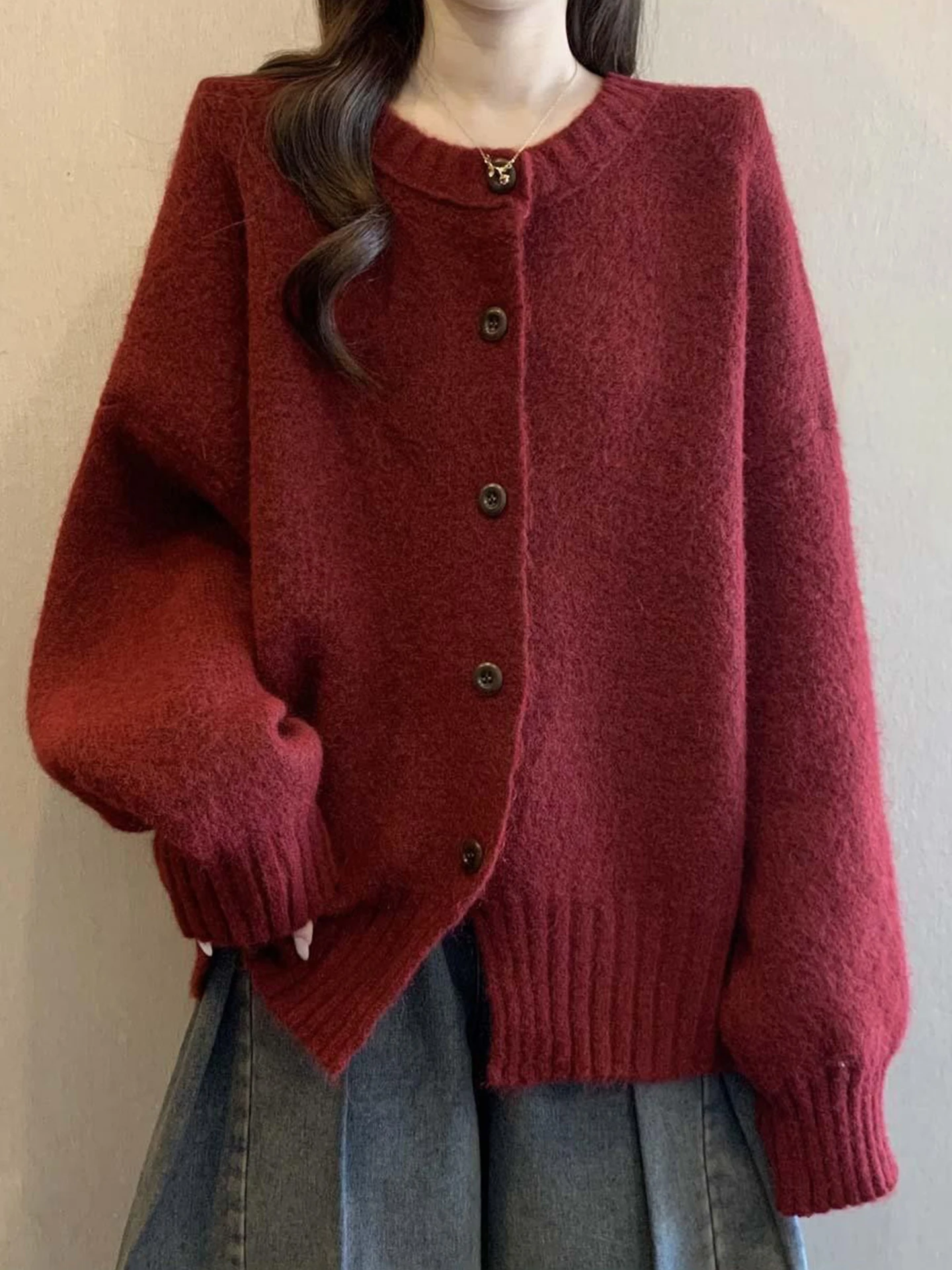 

Ladies Oversized Knitted Wine Red Sweater Coat Casual Comfortable Autumn Winter Outerwear Button up Warm Soft Knitwear