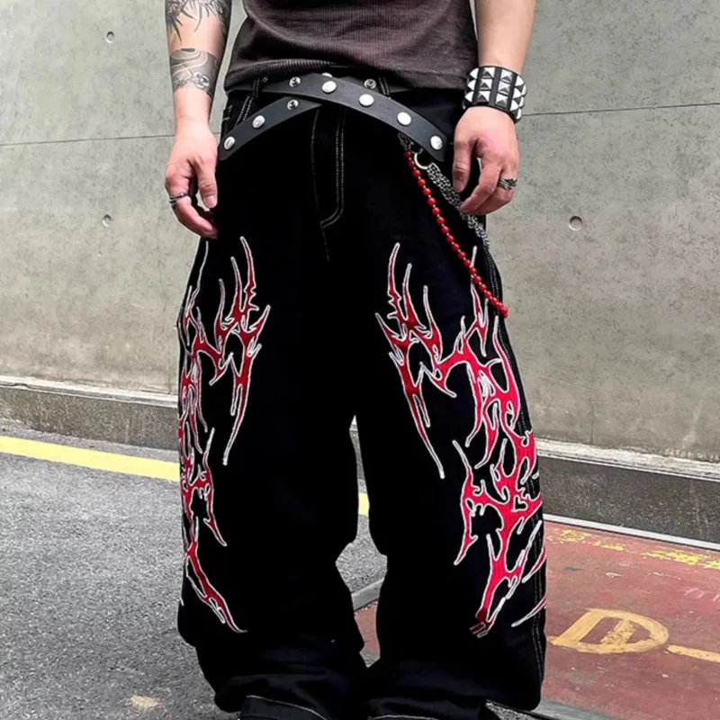 HKSH Jeans Bordir Duri Chic Desain Ceruk Retro Amerika Pasang Pria Baru Musim Semi Musim Panas Celana Longgar Lurus Kasual Ins HK5812